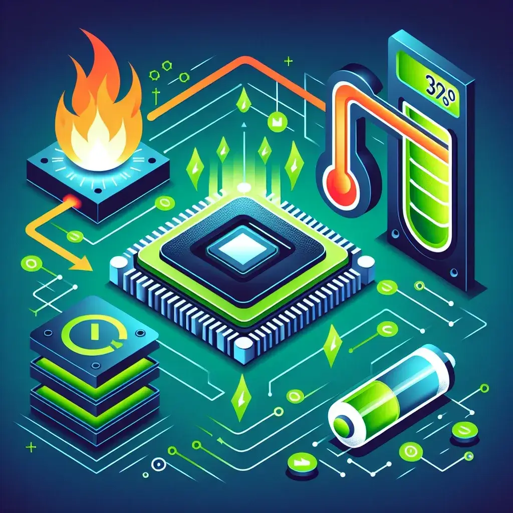 "Graphic illustrating the Windows power options with emphasis on the 'Balanced' power plan to reduce CPU overheating."